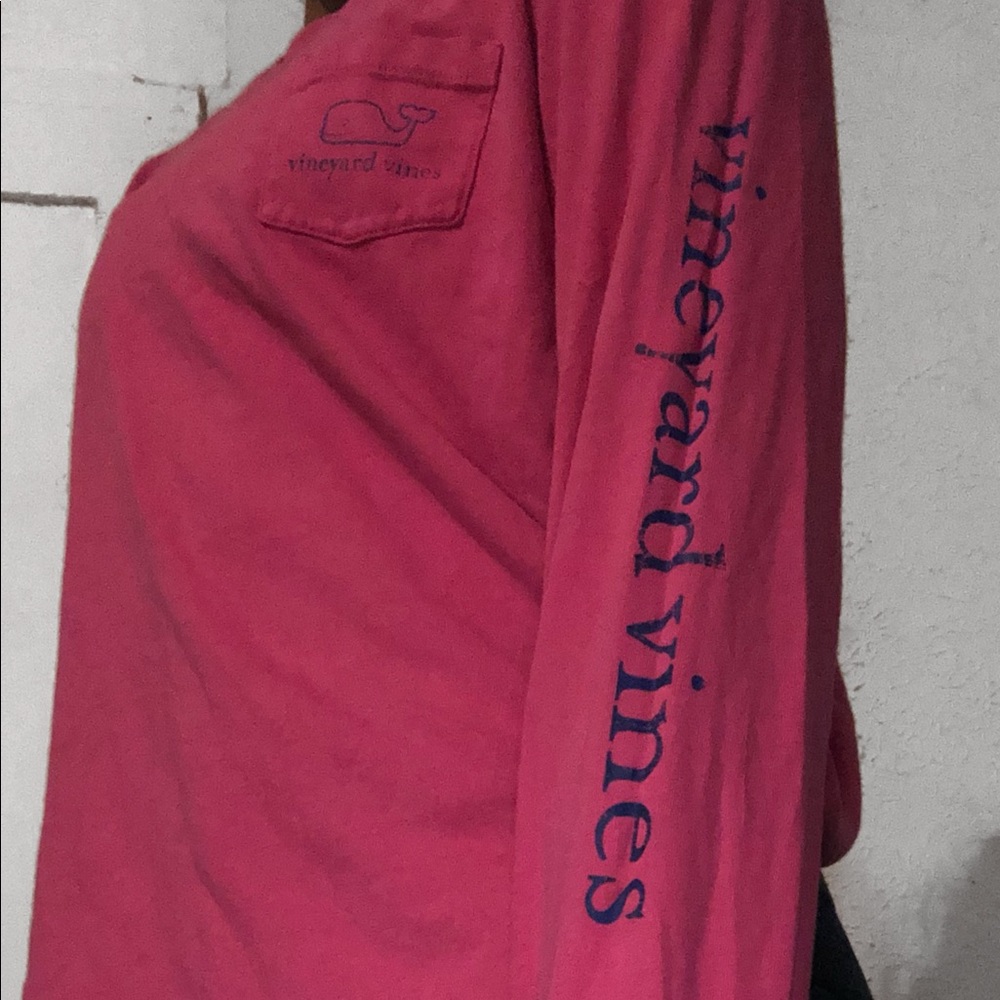 Pink with blue lettering Vineyard vine shirt.
